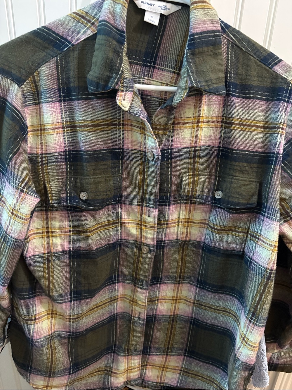Old Navy Women’s Olive Green Plaid Button-Up Cotton Flannel Boyfriend Shirt